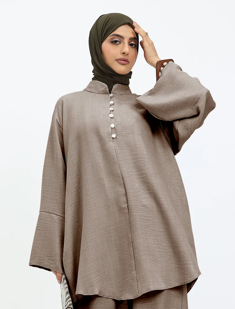 Mocha Linen Feel Button Detail Co Ord Set